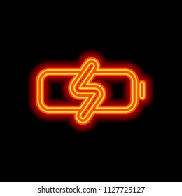 Simple charge battery, charging level. Orange neon style on black background. Light icon