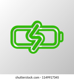 Simple charge battery, charging level. Paper style. Cut symbol with green bold contour on shape and simple shadow