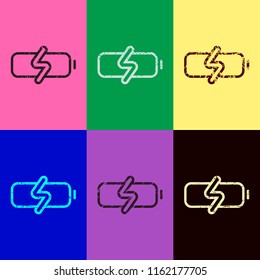 Simple charge battery, charging level. Pop art style. Scratched icons on 6 colour backgrounds. 