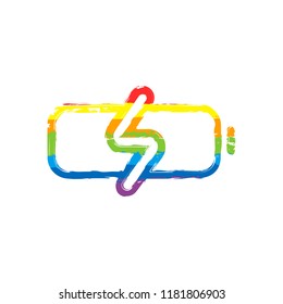 Simple charge battery, charging level. Drawing sign with LGBT style, seven colors of rainbow (red, orange, yellow, green, blue, indigo, violet