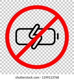 Simple charge battery, charging level. Not allowed, black object in red warning sign with transparent background