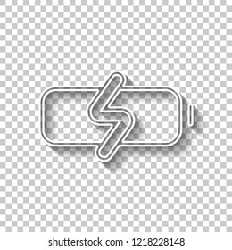 Simple charge battery, charging level. White outline sign with shadow on transparent background