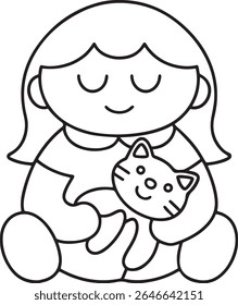 A simple, charming black and white line drawing of a young girl holding a smiling cat. The artwork features a clean, minimalist style, perfect for children's books or educational materials.