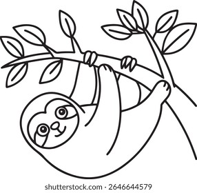 A simple, charming black and white line drawing of a happy sloth hanging upside down from a tree branch, surrounded by leaves. Perfect for children's books and designs.
