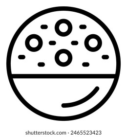 Simple and charming black and white smiling cookie icon illustration in minimalistic line art style, perfect for bakery, confectionery, or foodie designs