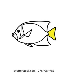 A simple and charming cartoon fish with a bright yellow tail and a black outline, set against a clean white background, evoking a sense of serenity and playfulness.