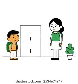 A simple and charming cartoon vector illustration featuring two school children with backpacks, a boy and a girl, standing indoors. 