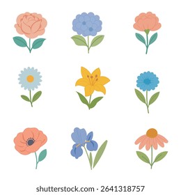 Simple, charming flat vector flowers for various designs.
