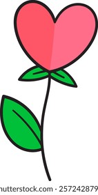 A simple and charming flower illustration with a pink heart shaped bloom, a thin stem, and green leaves for a playful and romantic touch.