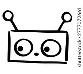A simple and charming hand-drawn cartoon robot head featuring two large expressive circular eyes, a small nose, and two ball-tipped antennas on a rectangular head. Clean black line art on white background. Minimalist kawaii-style doodle illustration, perfect for children