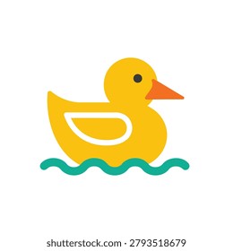 A simple and charming illustration of a bright yellow rubber duck with an orange beak and black eye, gracefully floating on blue wavy water.