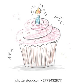 A simple, charming illustration of a cupcake with swirled pink frosting and a single lit candle. The drawing has a whimsical, sketched quality.