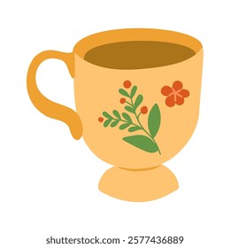 Simple and charming illustration of a yellow teacup adorned with floral and leaf patterns, representing a cozy and inviting design perfect for tea lovers. Vector hand drawn drawing