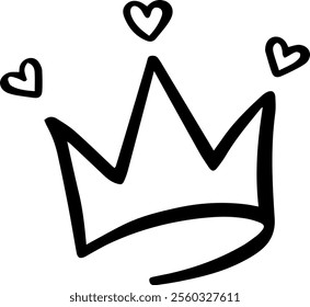 Simple, charming line art of a crown adorned with hearts, symbolizing love, royalty, and affection, perfect for design projects related to romance, celebrations, or leadership