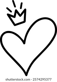 Simple, charming line art depicts a heart wearing a crown, symbolizing the reign of love, perfect for Valentine s Day, anniversaries, or any celebration of affection and commitment