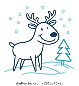 A simple and charming line art drawing of a happy reindeer standing in the snow during wintertime