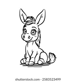 Simple and charming line art vector illustration of a cute cartoon donkey sitting on the floor. Perfect for kids projects, educational materials, or playful designs.