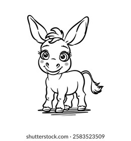 Simple and charming line art vector illustration of a cute cartoon donkey sitting on the floor. Perfect for kids projects, educational materials, or playful designs.