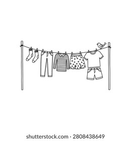 A simple, charming sketch of various clothing items, including socks, pants, shirts, and shorts, hanging on a clothesline with clothespins.