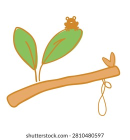 A simple and charming vector style doodle featuring a tiny brown frog perched on a leaf growing from a branch with a small hanging loop