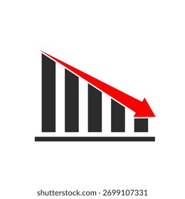 Einfaches Diagrammsymbol mit rotem Abwärtspfeil und fallenden Balken, Symbol für finanziellen Verlust, Geschäftsrückgang und negativem wirtschaftlichen Trend, einzeln auf weißem Hintergrund.