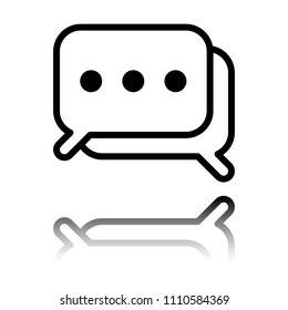 Simple chat. Couple of square text clouds. Linear icon with thin outline. Black icon with mirror reflection on white background