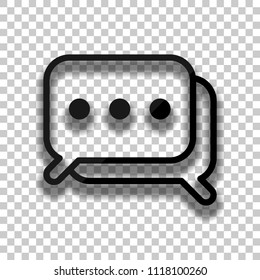 Simple chat. Couple of square text clouds. Linear icon with thin outline. Black glass icon with soft shadow on transparent background