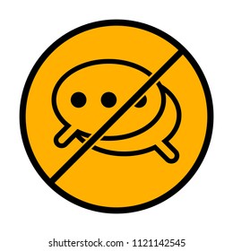 Simple chat. Couple of text clouds. Linear icon with thin outline. not allowed, black object in warning sign with orange background color