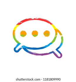 Simple chat. Couple of text clouds. Linear icon with thin outline. Drawing sign with LGBT style, seven colors of rainbow (red, orange, yellow, green, blue, indigo, violet