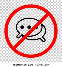 Simple chat. Couple of text clouds. Linear icon with thin outline. Not allowed, black object in red warning sign with transparent background