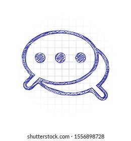 Simple chat. Couple of text clouds. Linear icon with thin outline. Hand drawn sketched picture with scribble fill. Blue ink. Doodle on white background