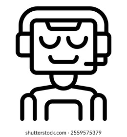 Simple chatbot line icon with a smiling face and closed eyes, wearing headphones