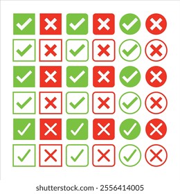 Simple check and cross mark icon set in vector EPS format. Perfect for UI, apps, web design, forms, buttons, and infographics. Flat style with clean, minimal design.