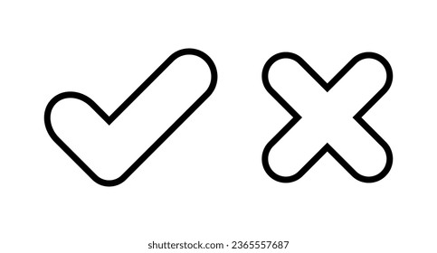 Conjunto de iconos de comprobación simple y de signo cruzado. Decisión y oposición. Vector.