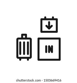 Simple check in icons with case and board in line style design on white background. Suitable for airport, traveling and website app. Pixel Perfect 48x48. Vector Illustration EPS 10.