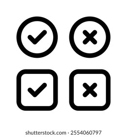 Simple check mark icons set isolated on white background. Tick and cross check marks buttons in flat style. Yes or No confirm or reject signs.