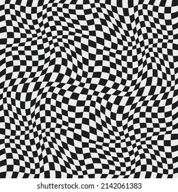 Simple checkerboard wavy pattern. Black and white seamless and vector checkered pattern. Racing curly checkered and seamless pattern.