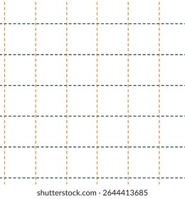 Padrão quadriculado simples com linhas tracejadas finas em laranja e verde. Design de fundo limpo e mínimo. Ideal para projetos de scrapbooking, têxteis, artigos de papelaria e digitais. Ilustração vetorial