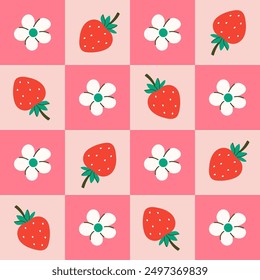 Patrón a cuadros simple con fresas y flores. Gráficos de Vector