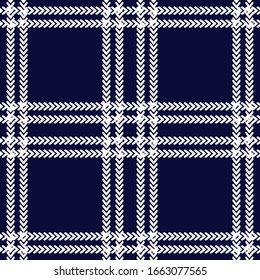 Simple checkered print with herringbone elements. Seamless textile pattern. Template for scarves, plaids, shirts, napkins. Blue, white.
