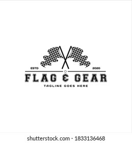 Simple Checkered Racing Flag With Gear Vector Logo Design