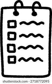 Ícone simples de lista de verificação com caixas de verificação e linhas onduladas em um bloco de notas que simboliza a organização e o gerenciamento de tarefas em um design minimalista.
