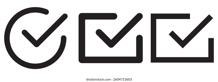 Simple checkmark in a box set with different line width. Correct, approved symbol. Vector icons in flat style