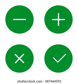 Simple Checkmark, Cross and Plus, Minus Signs / Icons on white background. Green icon.