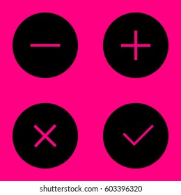 Simple Checkmark, Cross and Plus, Minus Signs / Icons. Black icon on pink background
