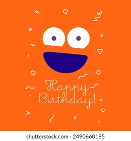 Tarjeta de cumpleaños simple y alegre con un personaje sonriente sobre un fondo naranja brillante, con un estilo con un mensaje "¡Feliz cumpleaños!".