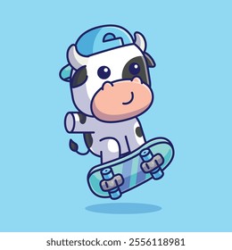Simple a cheerful cow is playing a skateboard cartoon vector illustration Collection of animals concept icon isolated