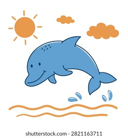 A simple and cheerful illustration of a happy blue dolphin jumping out of the water with a playful expression