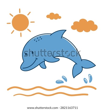 A simple and cheerful illustration of a happy blue dolphin jumping out of the water with a playful expression