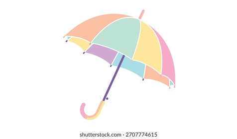Una ilustración simple y alegre de un paraguas abierto con hermosos paneles de colores pastel suaves en tonos arcoíris sobre un fondo blanco.